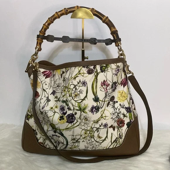 Gucci Bamboo White Floral Canvas Two Way Tote Bag - Picture 7 of 17